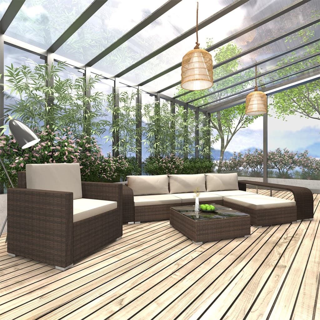 8 Piece Patio Lounge Set with Cream White Cushions Poly Rattan Brown 3 Middle Sofas with Ottoman, Single Sofa, Side Tables N477