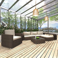 8 Piece Patio Lounge Set with Cream White Cushions Poly Rattan Brown 3 Middle Sofas with Ottoman, Single Sofa, Side Tables N477