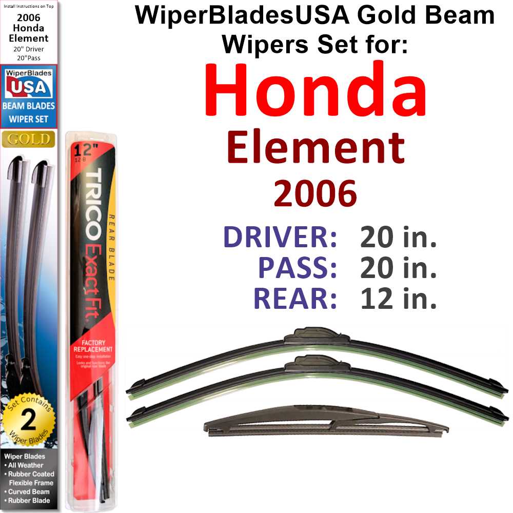 2006 Honda Element Beam Wiper Blades Set of 3 with Rear Wiper L772
