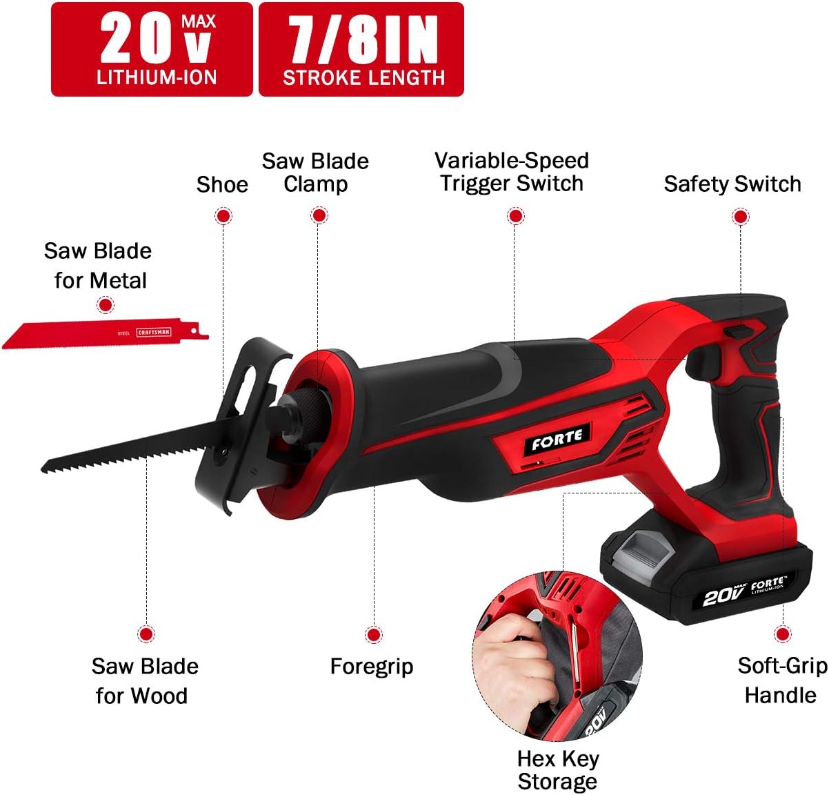 20V Max Reciprocating Saw with Li-ion Battery and Quick Charger D53626