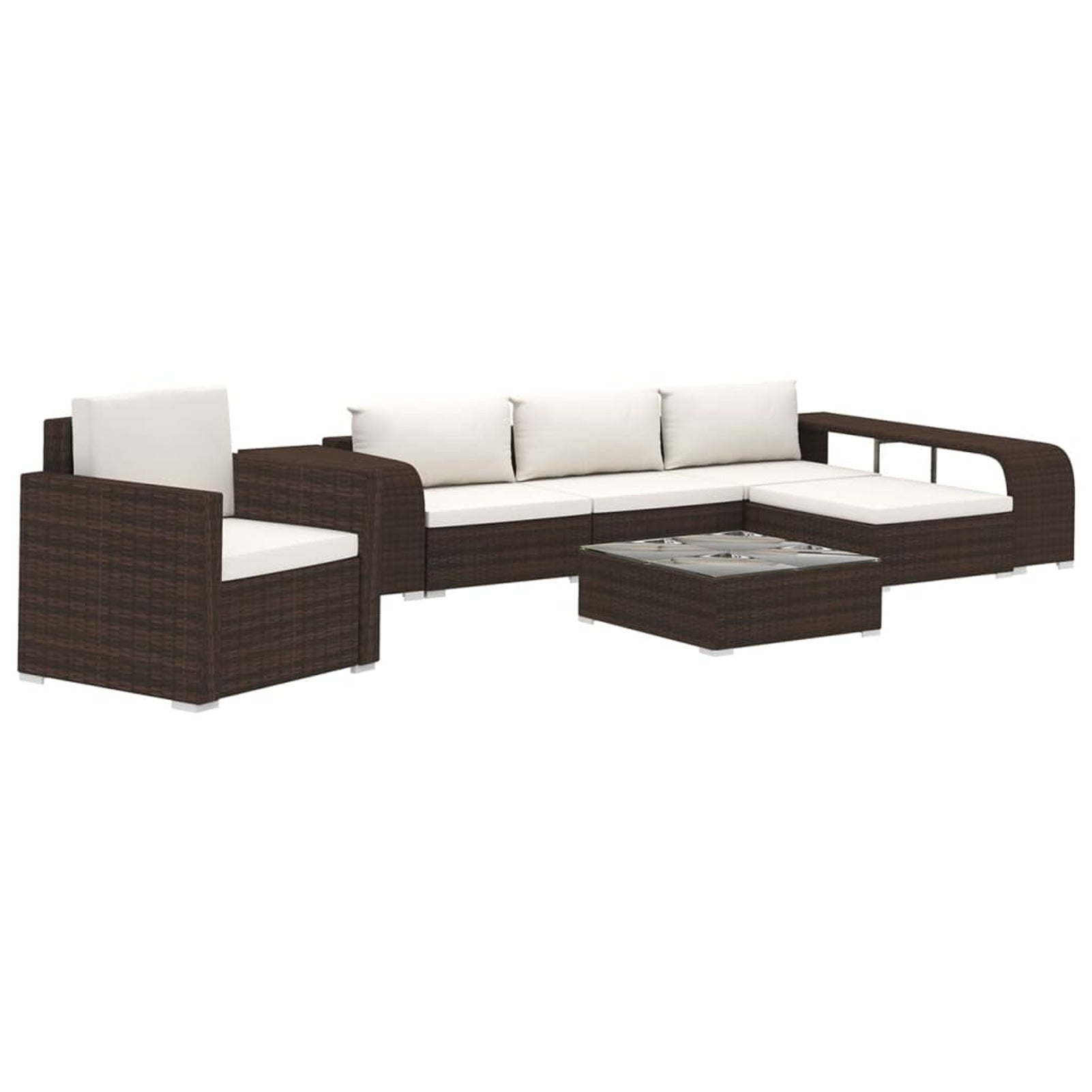8 Piece Patio Lounge Set with Cream White Cushions Poly Rattan Brown 3 Middle Sofas with Ottoman, Single Sofa, Side Tables N477