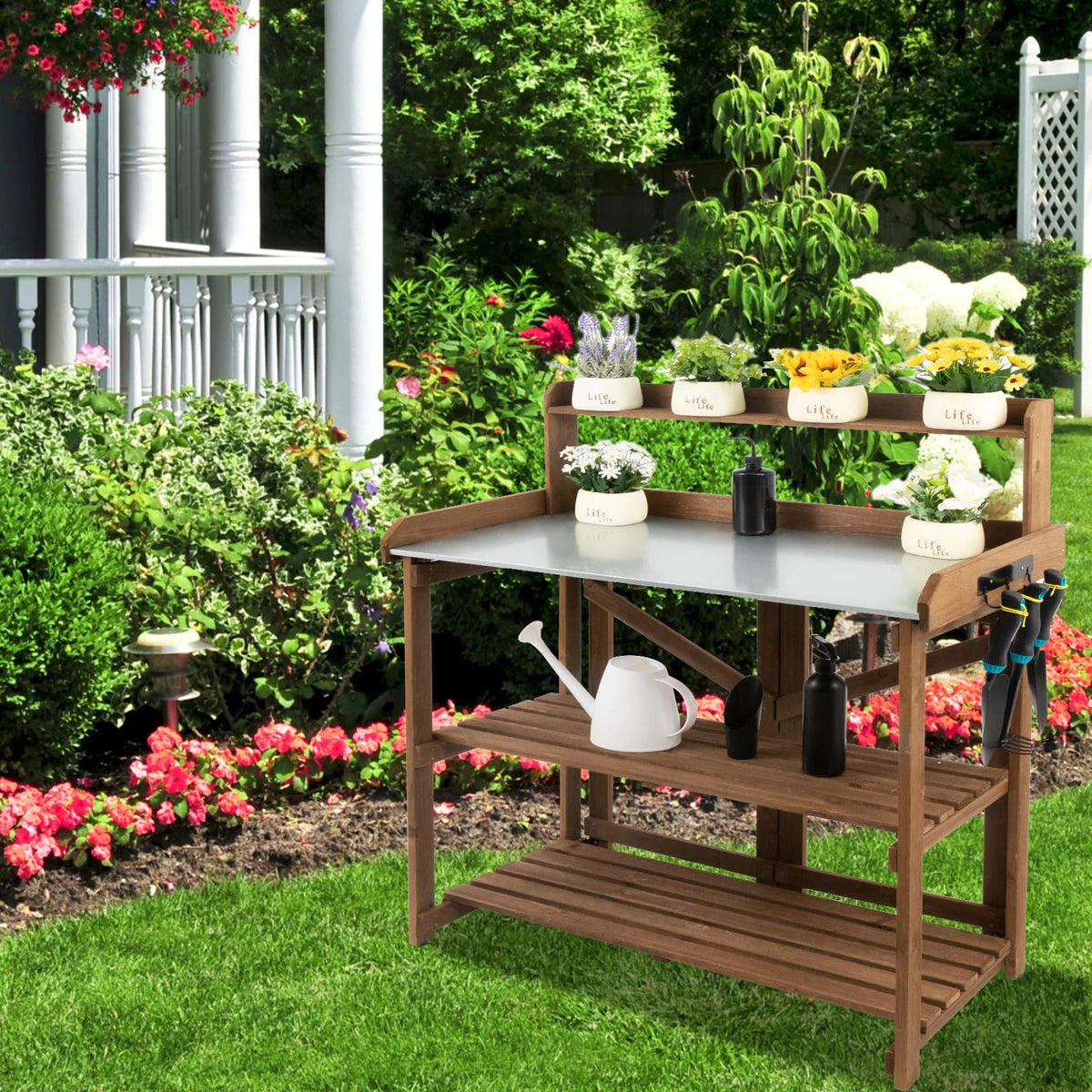 Folding Potting Bench Table with Galvanized Tabletop 2 Tier Storage Shelves E9672