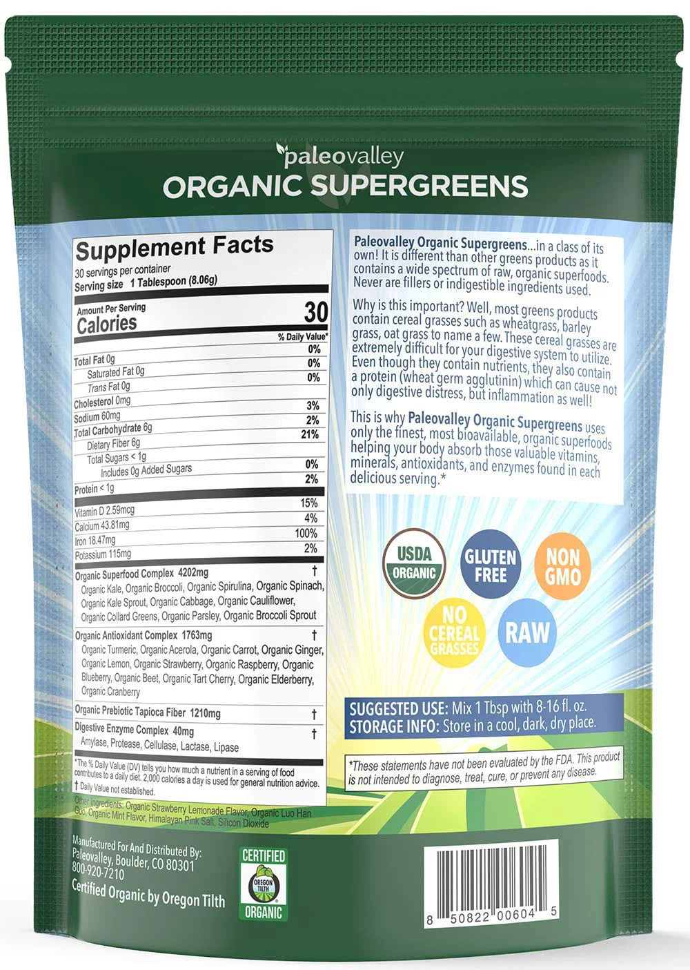 Organic Supergreens Raw Green Superfood Powder 30 Servings G4931