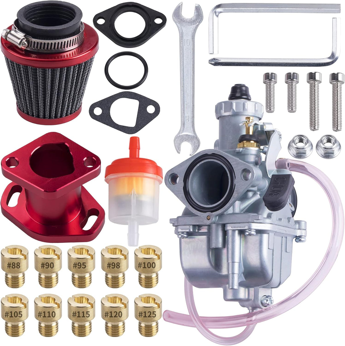 26mm Carburetor Carb Kit with Intake Pipe Mainfold 38mm Air Filter for Predator 212cc GX160 Honda GX200 CT200U 196cc KT196 Clones Go Kart Mini Bike Race Kart Red Pack of 2 K75995