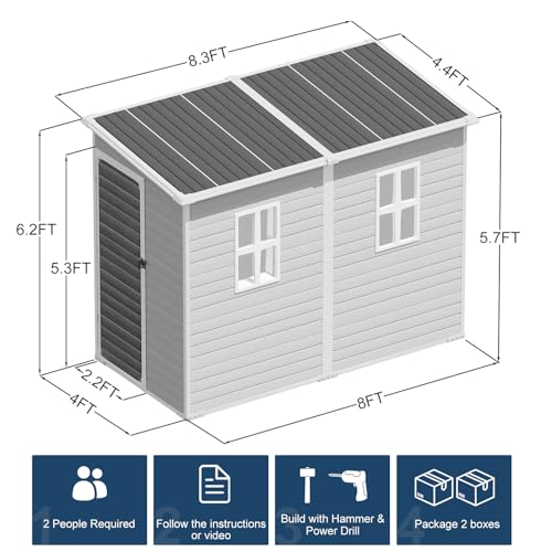 Outdoor Resin Storage Shed 8x4x6 FT Lean to Shed with Floor Included 2 Windows Lockable Door I58283