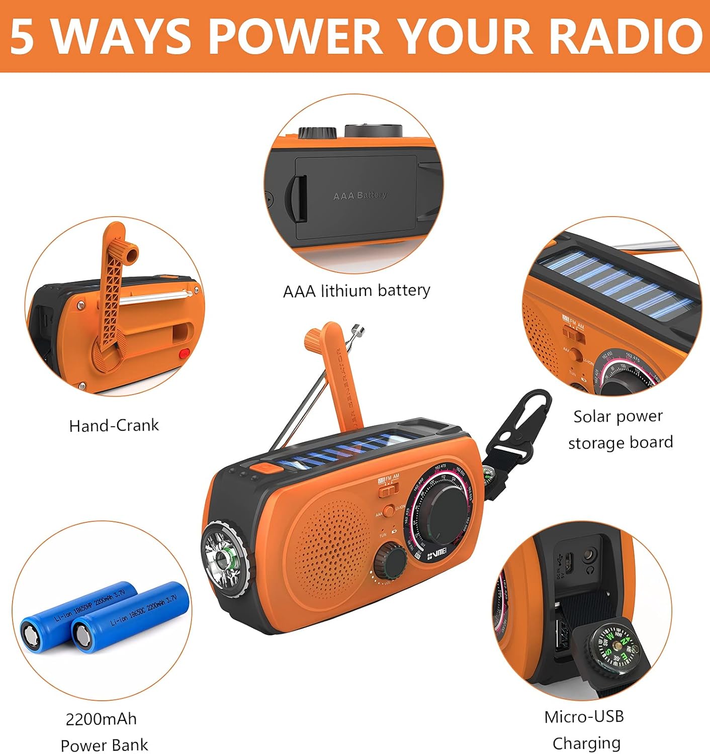 2200mAh Portable Hand Crank Solar Emergency Weather Radio, NOAA/AM/FM, Power Bank, Flashlight, Orange, Pack of 2 G471342