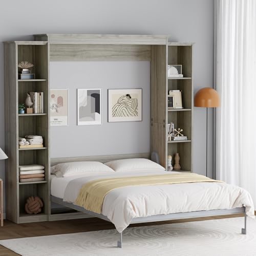 Queen Murphy Bed Cabinet with 5-Tier Adjustable Storage Shelves, Grey Wood Foldable Platform Bed O2627