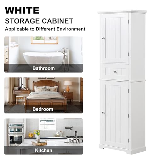 White Tall Bathroom Storage Cabinet with Drawer and Adjustable Shelf N210059