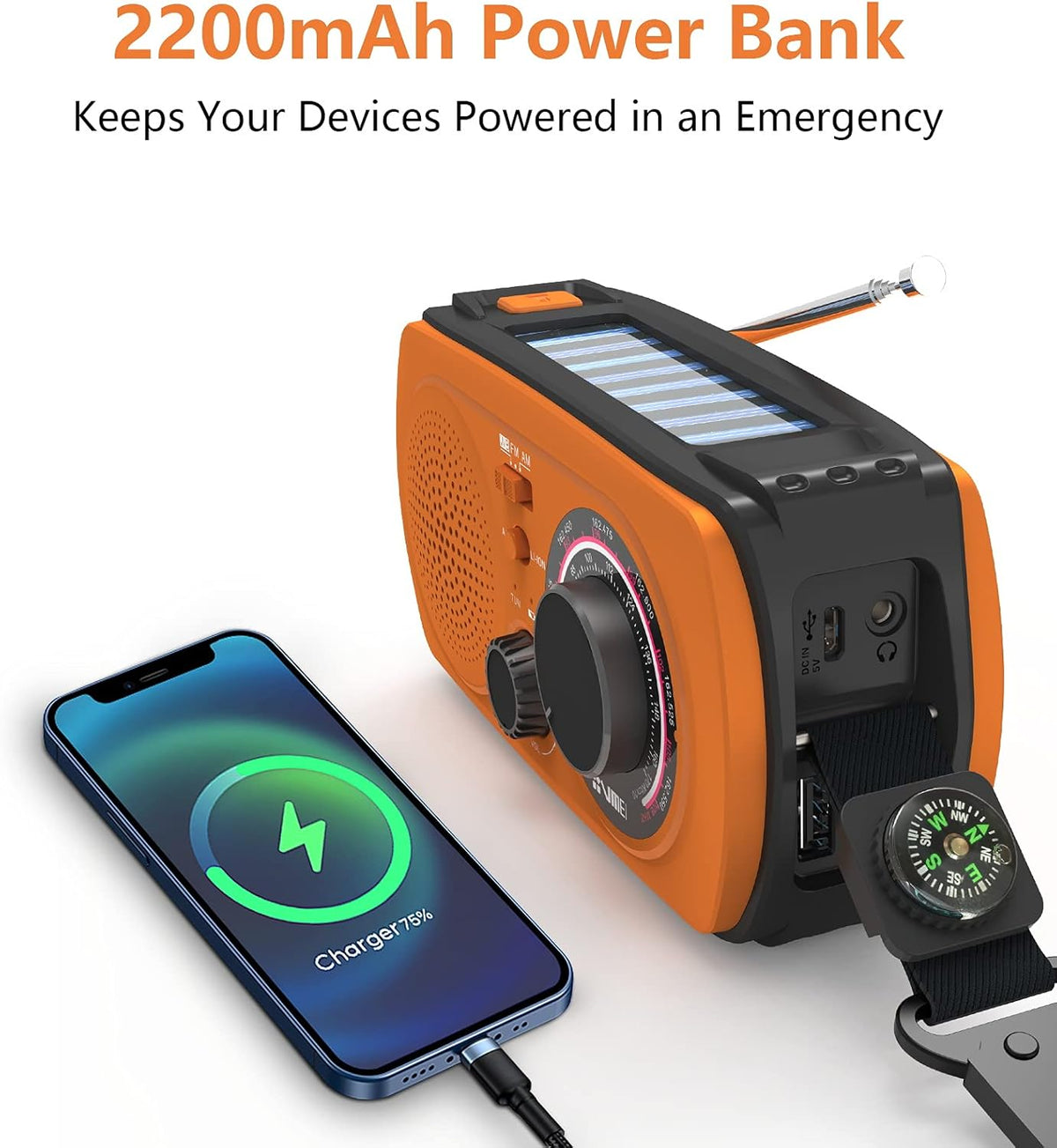 2200mAh Portable Hand Crank Solar Emergency Weather Radio, NOAA/AM/FM, Power Bank, Flashlight, Orange, Pack of 2 G471342