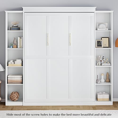 Queen Murphy Bed Cabinet with 5-Tier Adjustable Storage Shelves, Grey Wood Foldable Platform Bed O2627
