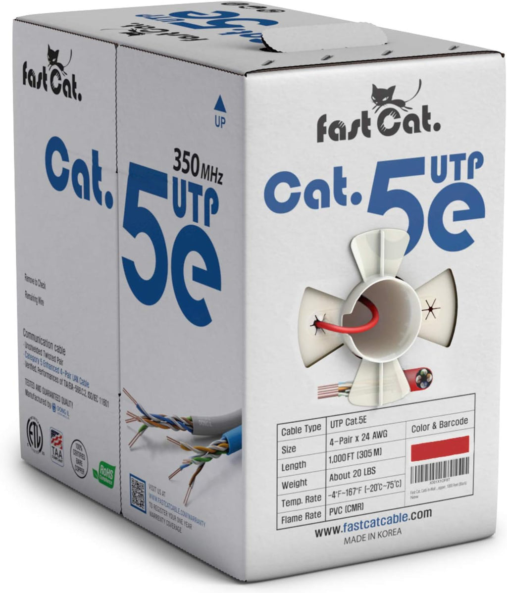 Cat5e Ethernet Cable 1000ft - 24 AWG CMR Insulated Bare Copper Wire UTP LAN Cable O362707