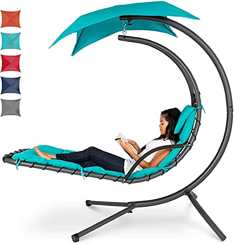 Teal Curved Steel Chaise Lounge Chair Swing with Built-in Pillow and Removable Canopy D322