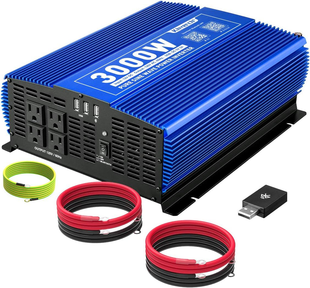3000W Pure Sine Wave Power Inverter 12V DC to 110V AC Car Inverter with Bluetooth 4 AC Outlets 2 USB Ports E7407