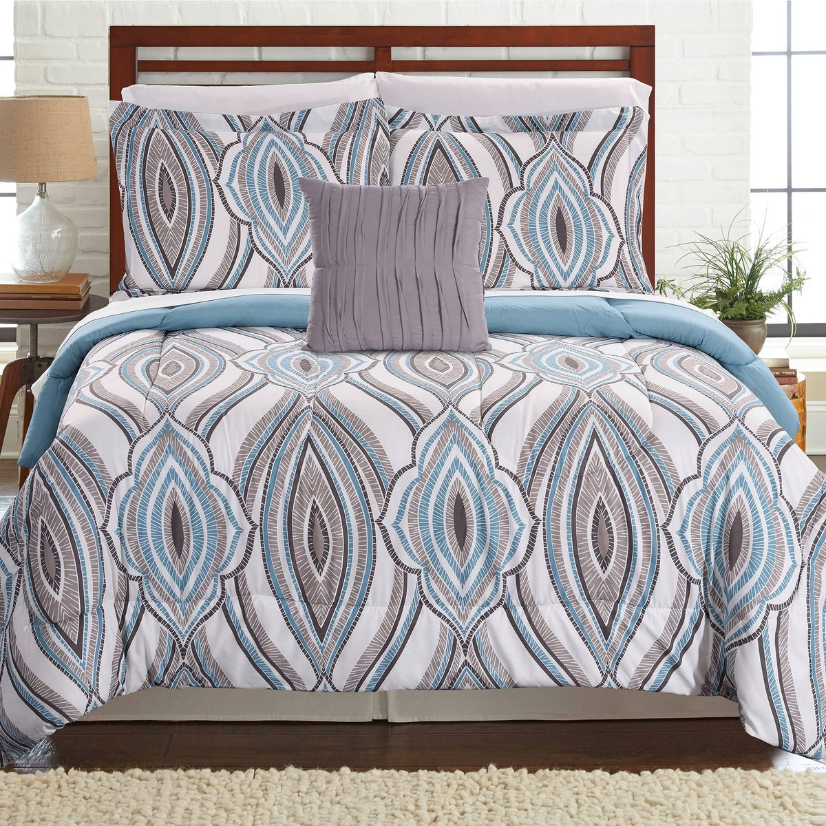 Blue & Gray King Size Bed Set - 8 Piece C6962