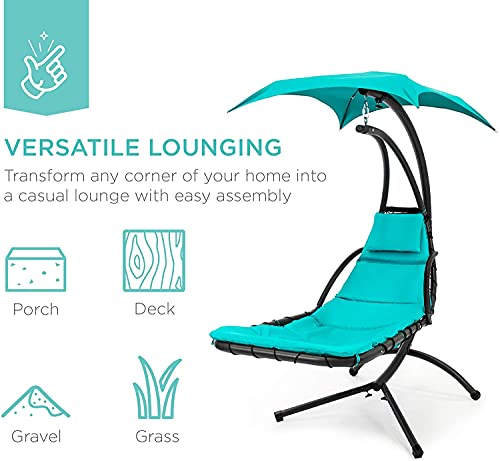 Teal Curved Steel Chaise Lounge Chair Swing with Built-in Pillow and Removable Canopy D322