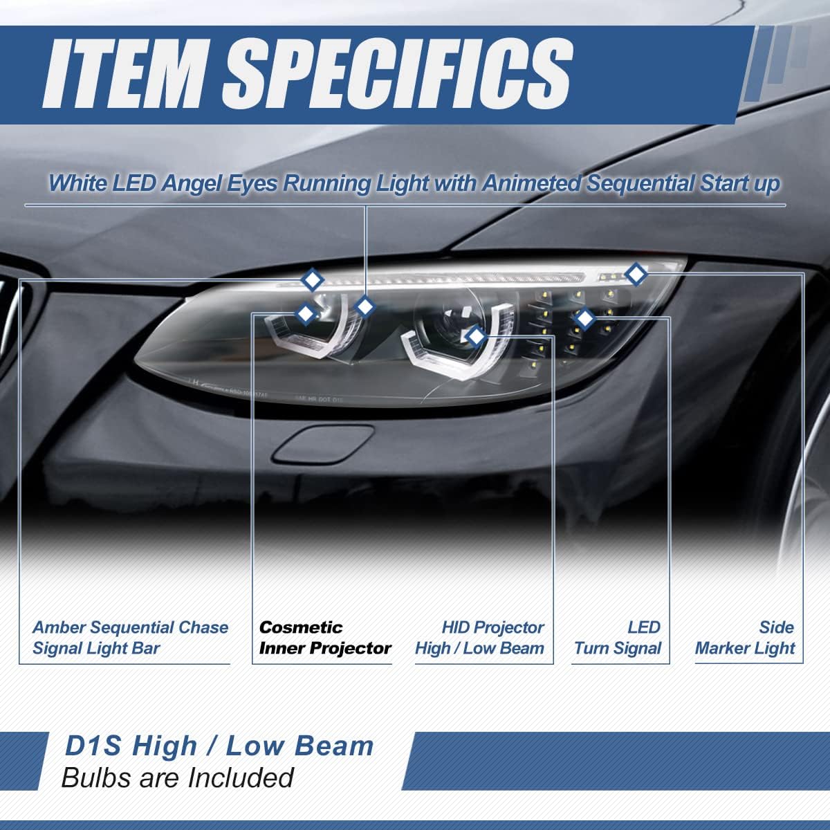Dual LED Turn Signal Projector Headlights, Black Housing U232