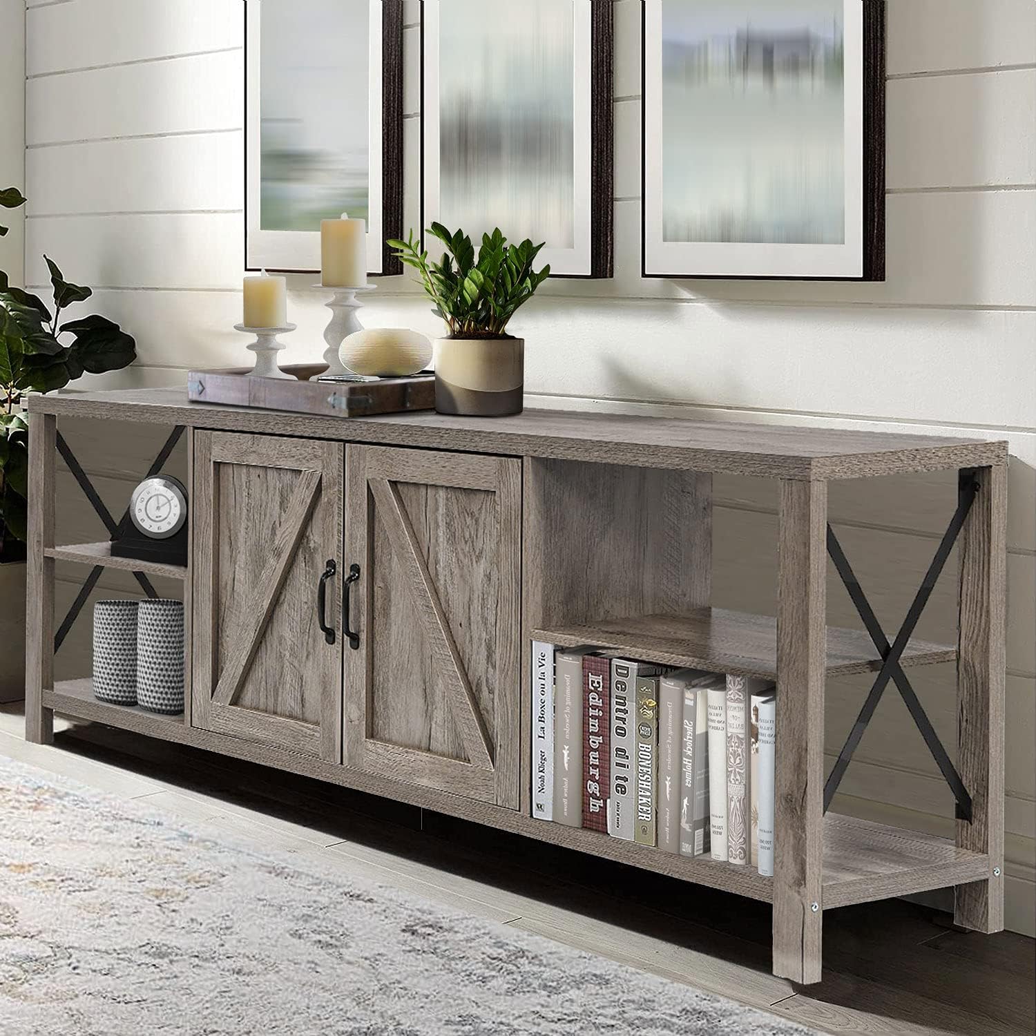 Rustic Oak TV Stand with Storage Cabinets and Shelves M74989