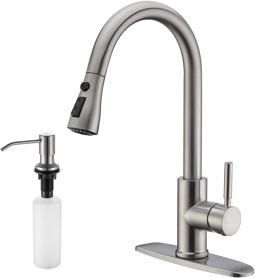 Single Handle High Arc Brushed Nickel Pull Out Kitchen Faucet with Soap Dispenser G460268