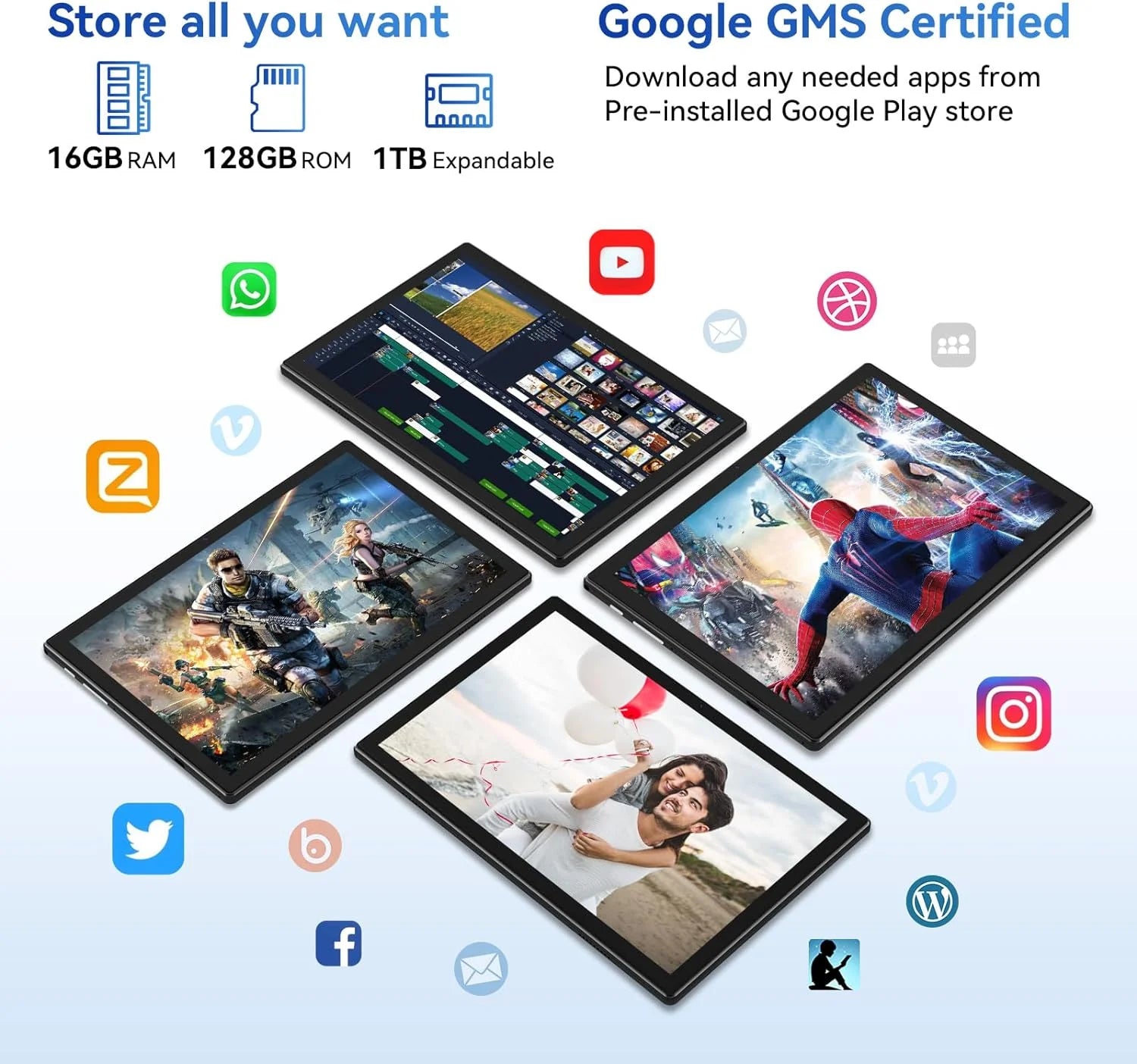 10 Inch Android Tablet with Keyboard, 128GB ROM + 16GB RAM, Octa-Core Processor Y175346
