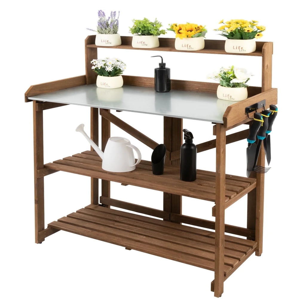 Folding Potting Bench Table with Galvanized Tabletop 2 Tier Storage Shelves E9672