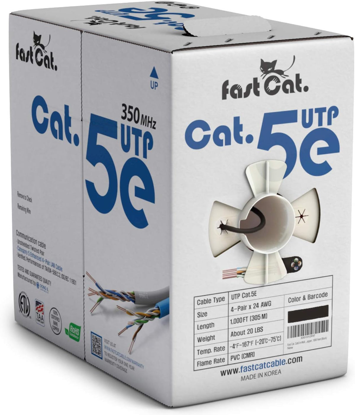 Cat5e Ethernet Cable 1000ft - 24 AWG CMR Insulated Bare Copper Wire UTP LAN Cable O362707