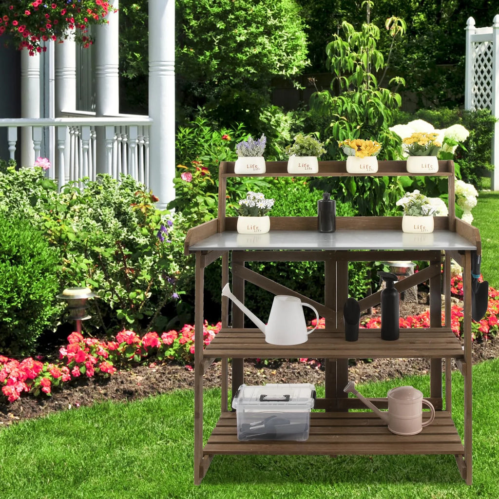 Folding Potting Bench Table with Galvanized Tabletop 2 Tier Storage Shelves E9672