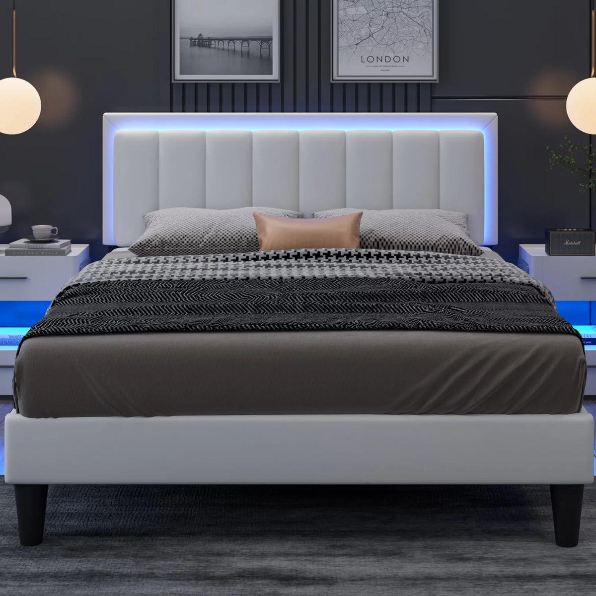 White Full Size Upholstered Platform Bed Frame with PU Faux Leather Headboard L679