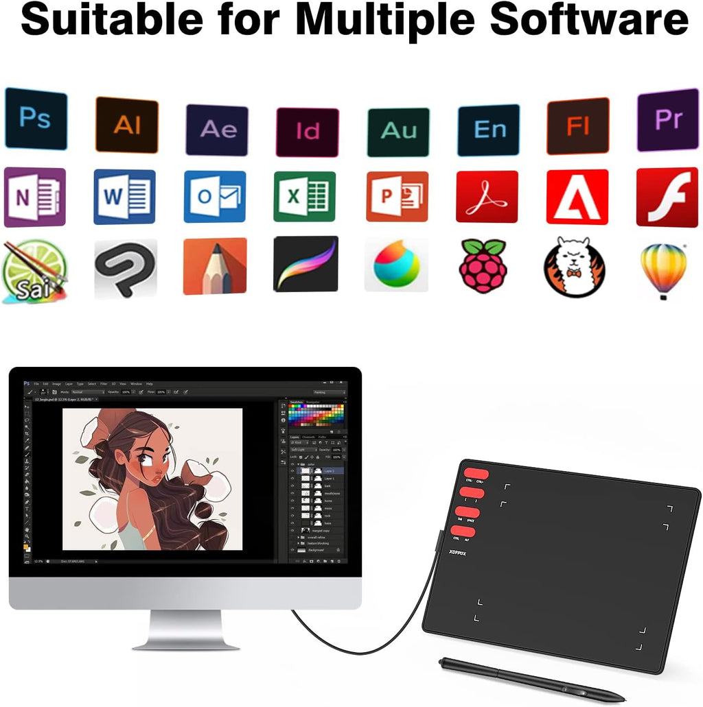 Graphics Drawing Tablet with 8 x 6 Inch Active Area, 8192 Level Battery-Free Pen and 8 Express Keys A4483