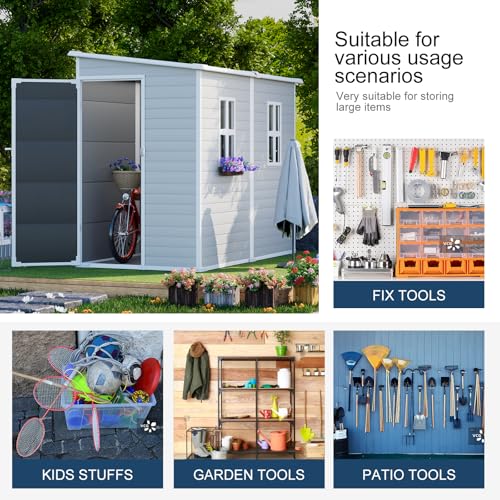 Outdoor Resin Storage Shed 8x4x6 FT Lean to Shed with Floor Included 2 Windows Lockable Door I58283