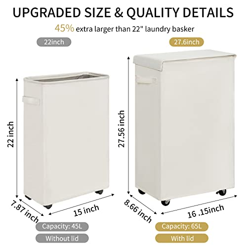 65L Slim Laundry Hamper with Lid Rolling Laundry Basket with Wheels Foldable Dirty Clothes Hamper Storage Bins (Grey) R8116