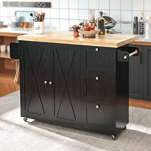 Black Rolling Kitchen Island Cart with Drop-Leaf Countertop, 3 Drawers, Rubberwood Top, on Wheels M4730