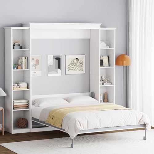 Queen Murphy Bed Cabinet with 5-Tier Adjustable Storage Shelves, Grey Wood Foldable Platform Bed O2627