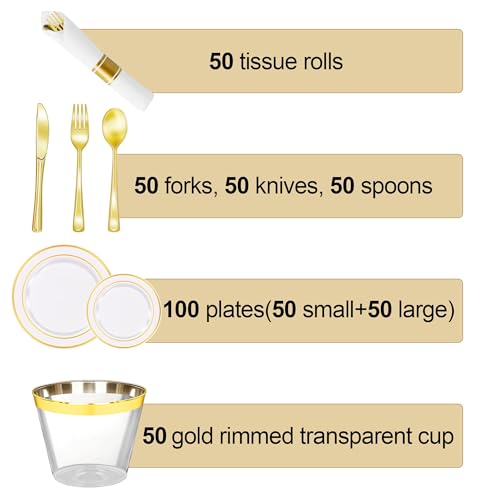 350PCS Gold Plastic Dinnerware Set with 100 Plates, 50 Cups, 50 Spoons, 50 Forks, 50 Knives E8126