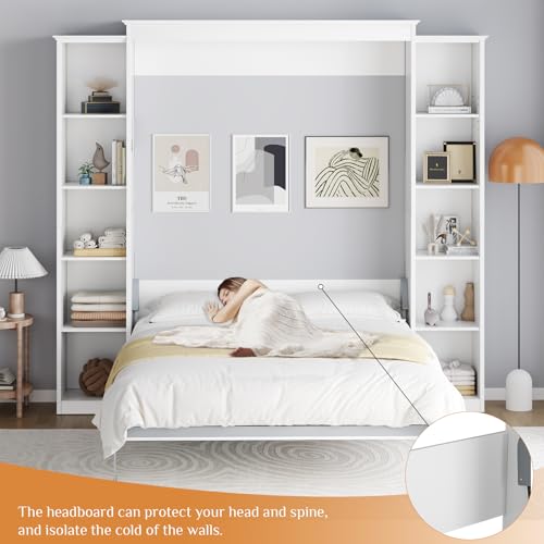 Queen Murphy Bed Cabinet with 5-Tier Adjustable Storage Shelves, Grey Wood Foldable Platform Bed O2627