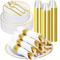 350PCS Gold Plastic Dinnerware Set with 100 Plates, 50 Cups, 50 Spoons, 50 Forks, 50 Knives E8126
