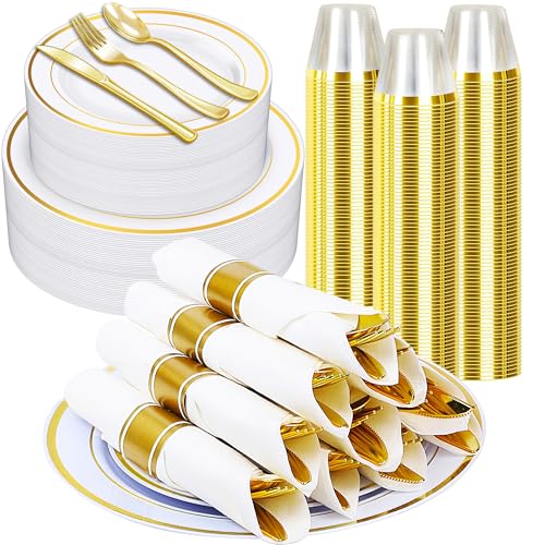 350PCS Gold Plastic Dinnerware Set with 100 Plates, 50 Cups, 50 Spoons, 50 Forks, 50 Knives E8126
