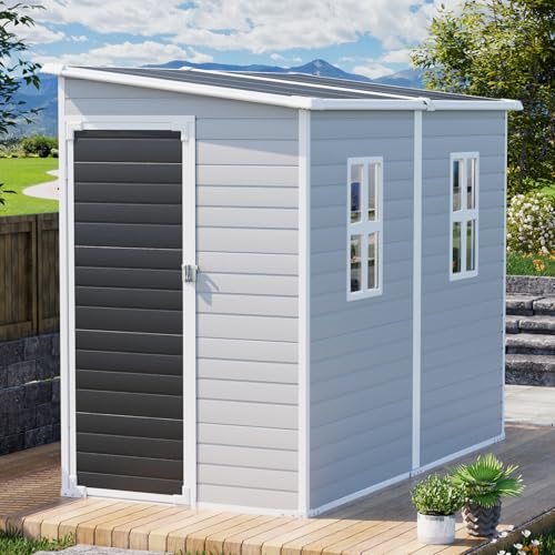 Outdoor Resin Storage Shed 8x4x6 FT Lean to Shed with Floor Included 2 Windows Lockable Door I58283
