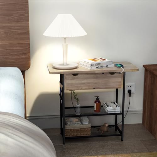 Rustic Brown Narrow Side Table with USB C Ports and Outlets and Drawers V77215