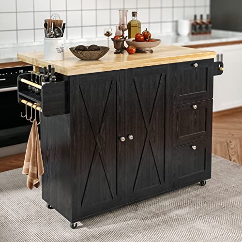 Black Rolling Kitchen Island Cart with Drop-Leaf Countertop, 3 Drawers, Rubberwood Top, on Wheels M4730