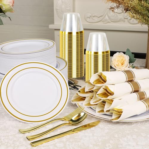 350PCS Gold Plastic Dinnerware Set with 100 Plates, 50 Cups, 50 Spoons, 50 Forks, 50 Knives E8126