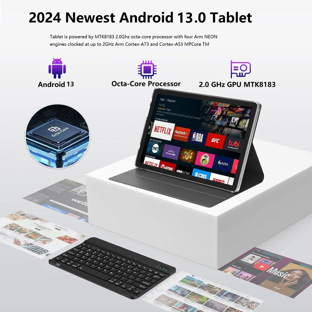 10 Inch Android Tablet with Keyboard, 128GB ROM + 16GB RAM, Octa-Core Processor Y175346