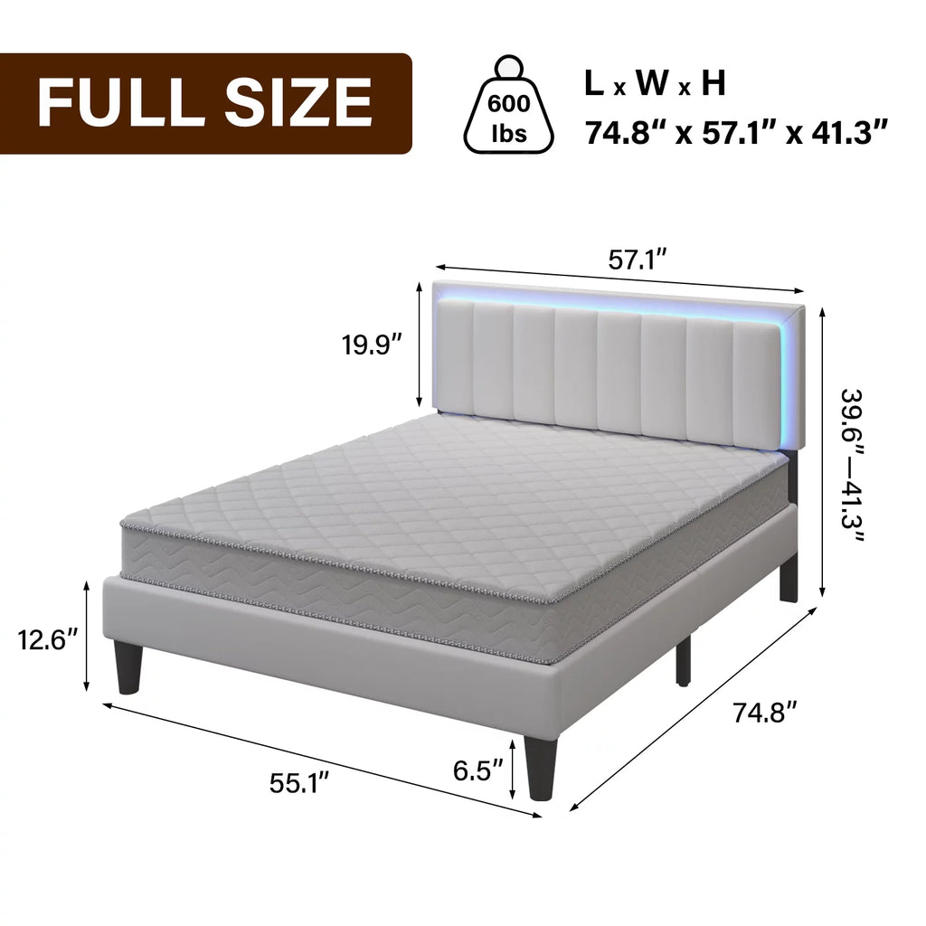White Full Size Upholstered Platform Bed Frame with PU Faux Leather Headboard L679