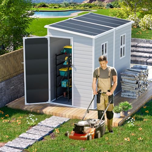 Outdoor Resin Storage Shed 8x4x6 FT Lean to Shed with Floor Included 2 Windows Lockable Door I58283