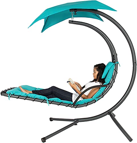 Teal Curved Steel Chaise Lounge Chair Swing with Built-in Pillow and Removable Canopy D322