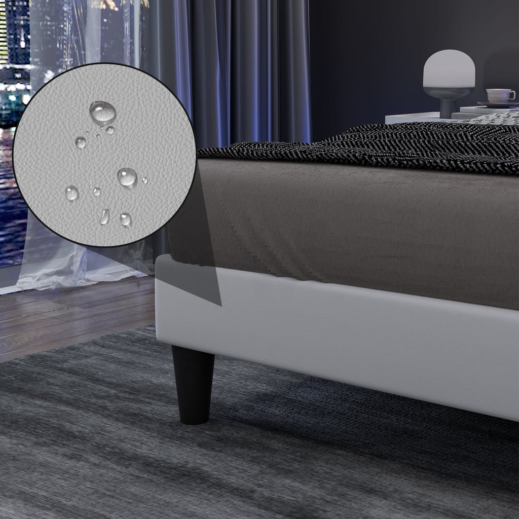 White Full Size Upholstered Platform Bed Frame with PU Faux Leather Headboard L679