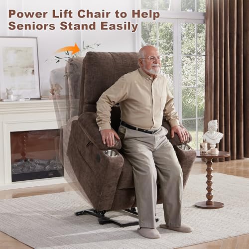 Coffee Chenille Power Lift Recliner Chair with Heat and Massage S621