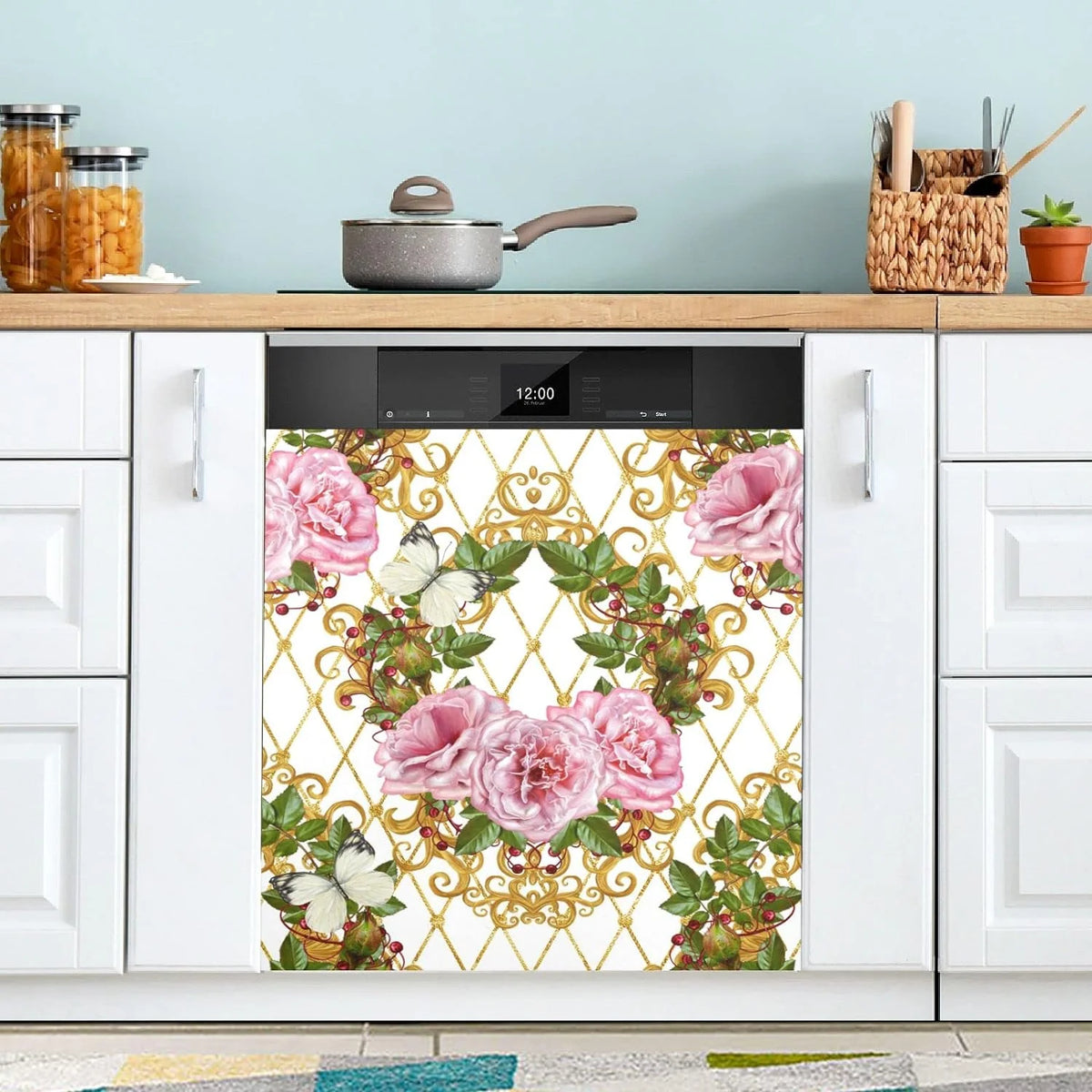 Vintage Gold Pink Rose Leaves Dishwasher Magnet Cover S309205