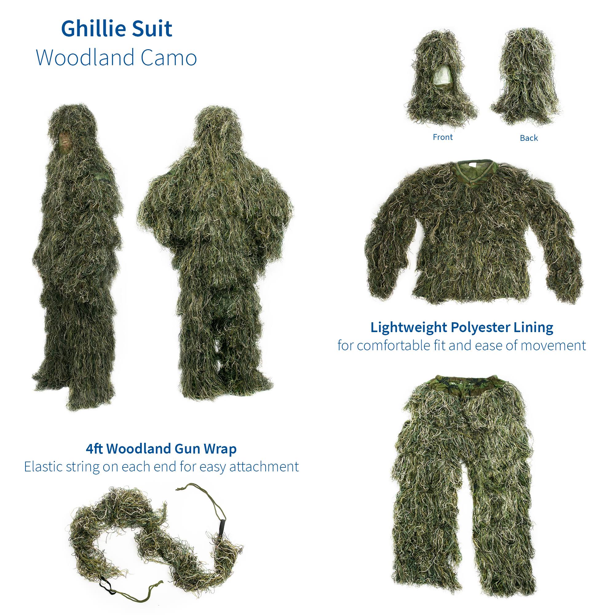 XL/XXL Camo Woodland Camouflage Forest Hunting 4-Piece Ghillie Suit with Bag O430