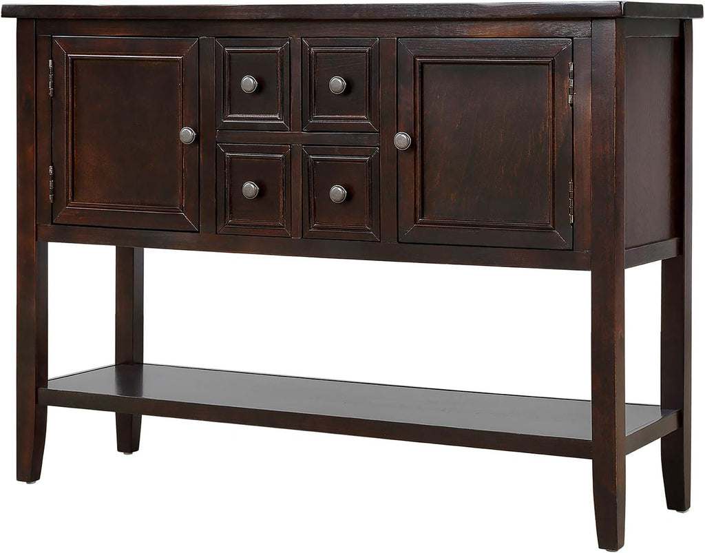 Retro Wood Console Table with 4 Storage Drawers, 2 Cabinets & Bottom Shelf, Antique Gray T59951
