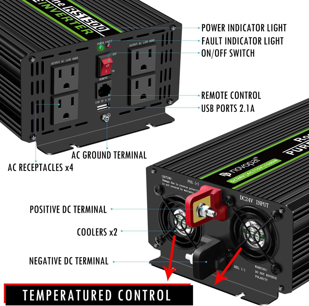 1500 Watt 24V Pure Sine Wave Inverter with 4 AC Outlets S797924